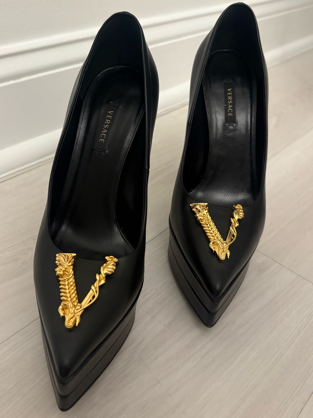 Versace Black Leather Pointed Pumps with Gold V Emblem